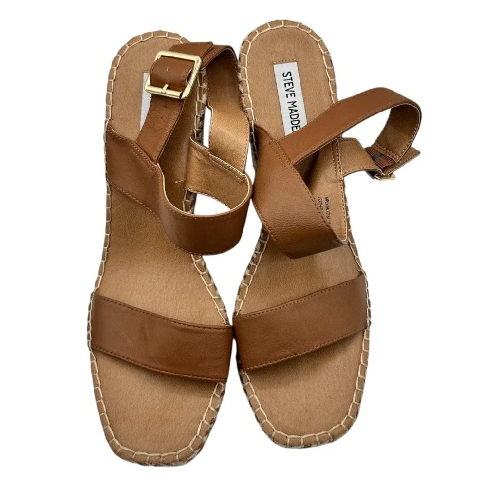 Steve Madden Women Tan‎ Leather Espadrille Wedge Sandals Ankle Strap Size 11M